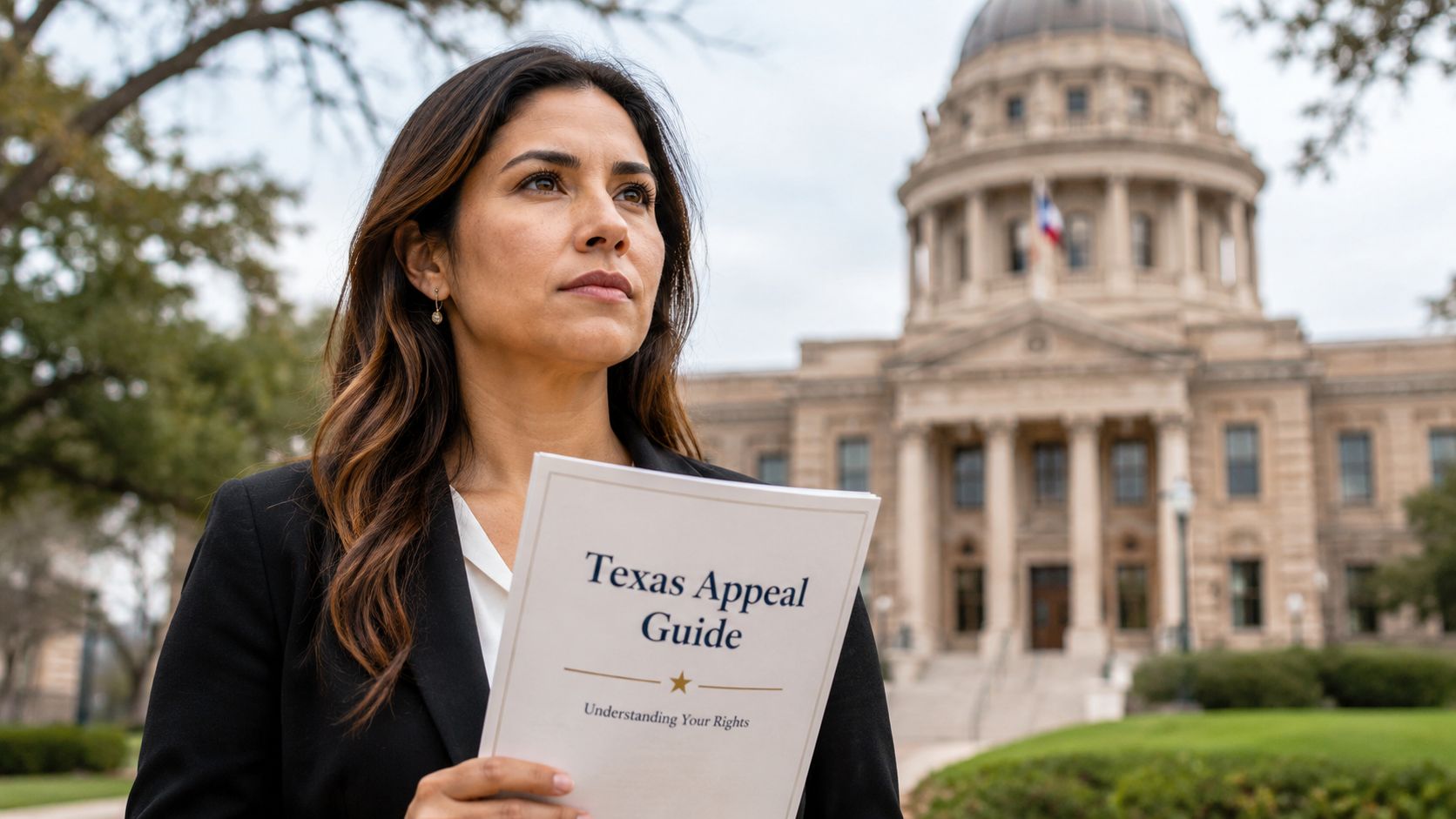 A professional woman holding a Texas Appeal Guide document in front of a government courthouse building.