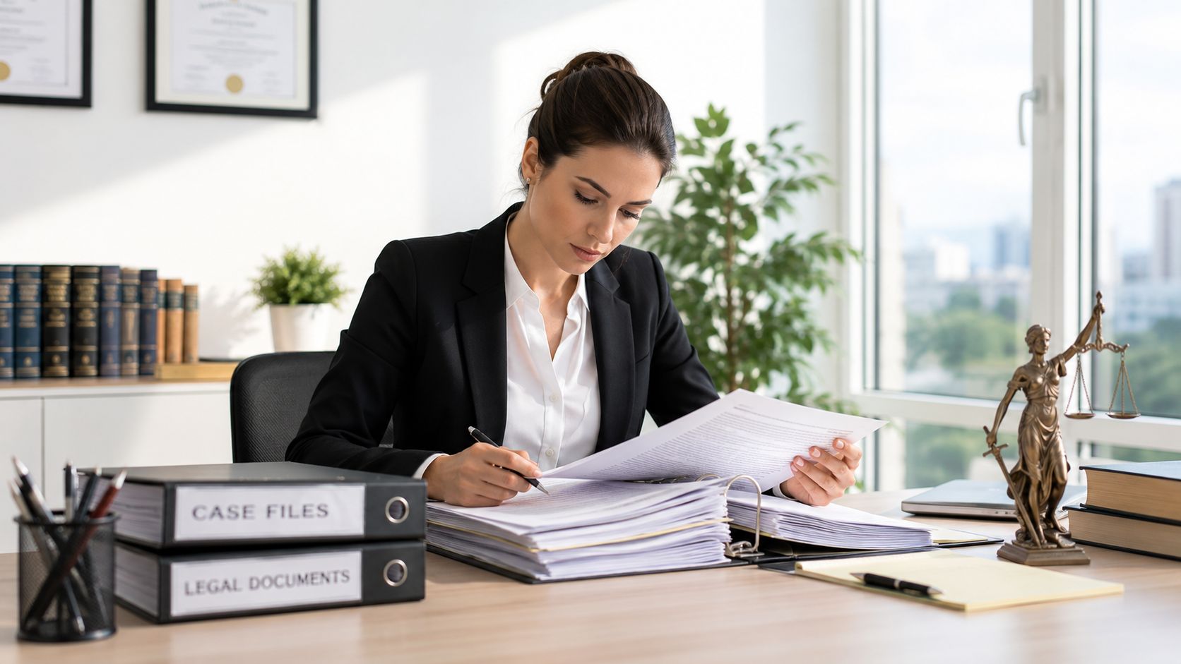 A professional female attorney reviewing legal documents and case files in a well-lit modern law office.