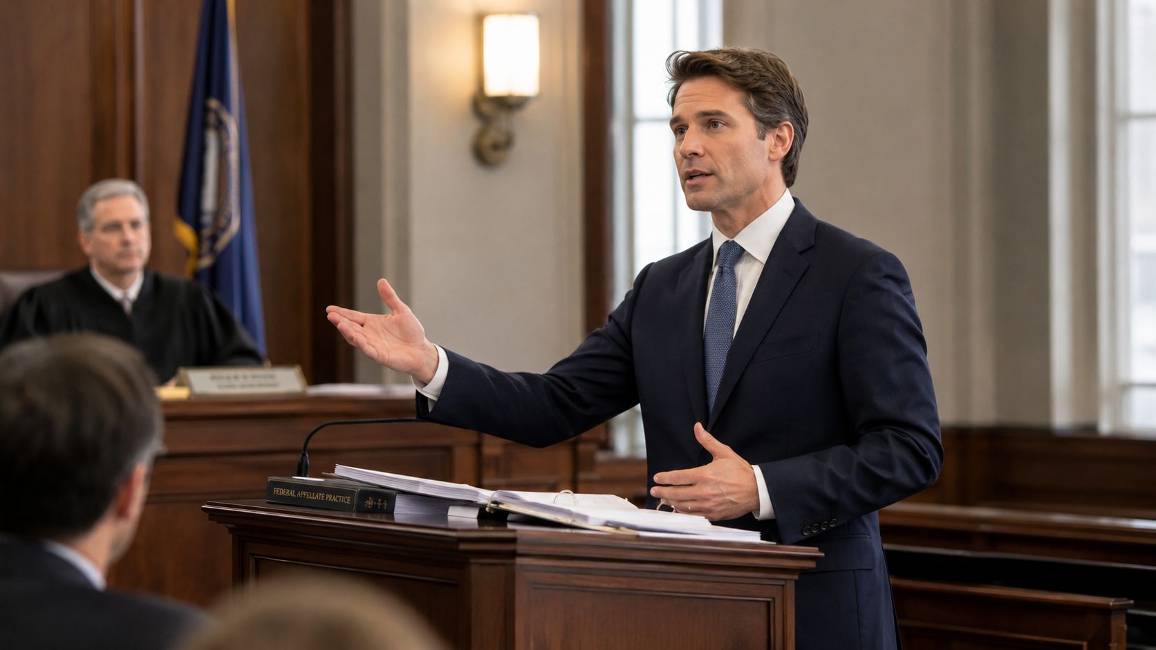 A man in a suit speaks at a courtroom lectern while a judge sits in the background.
