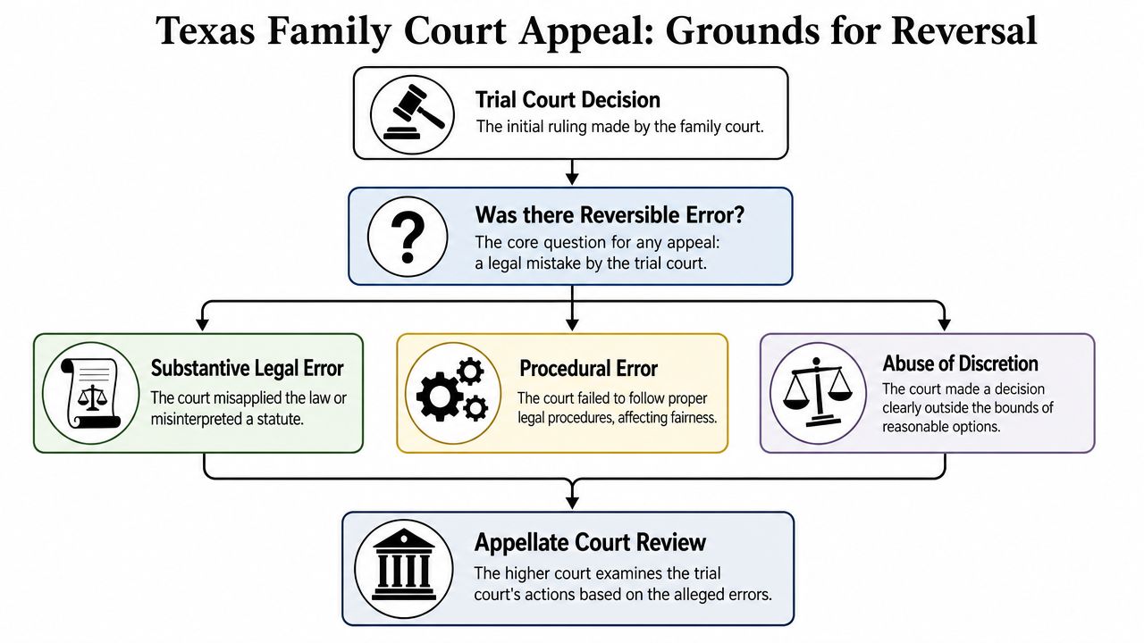 A flow chart illustrating the grounds for reversal during a Texas family court appeal process.