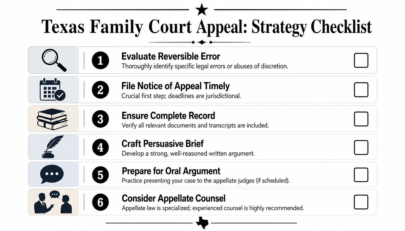 A checklist for the Texas family court appeal process, detailing six essential steps for legal proceedings.