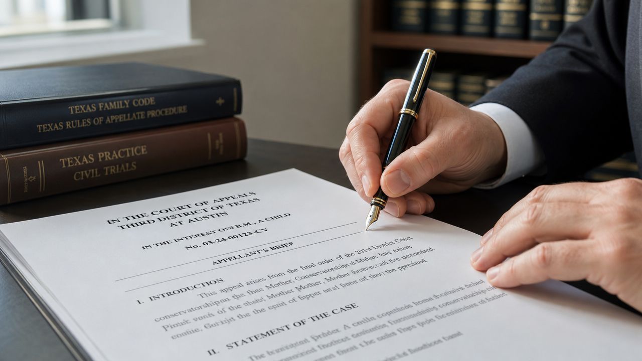 A legal professional signing an appellant's brief for a Texas family court case at their desk.