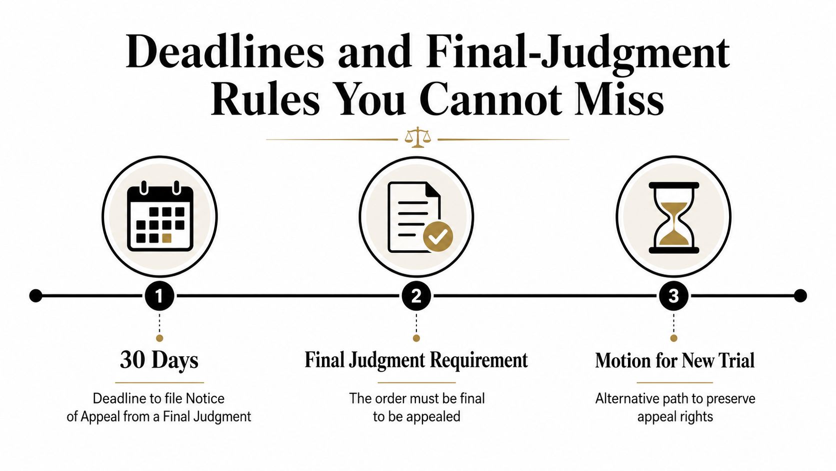 A visual guide outlining three key legal deadlines and requirements for filing a notice of appeal.