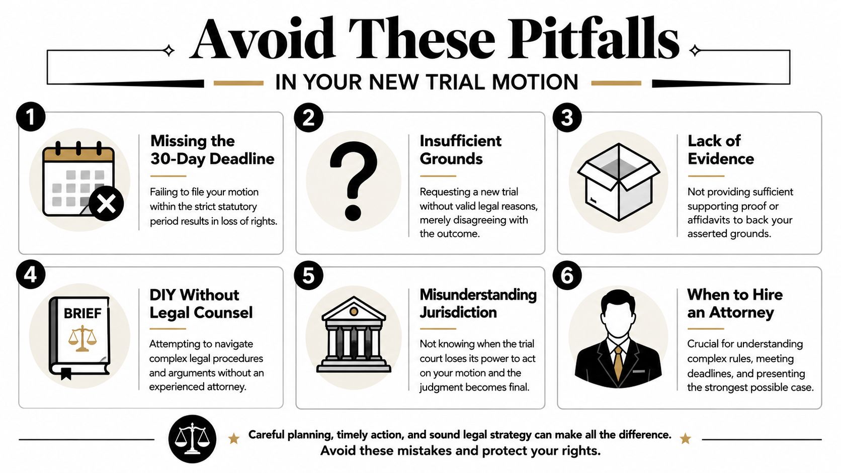 An infographic titled Avoid These Pitfalls in Your New Trial Motion outlining six common legal mistakes.
