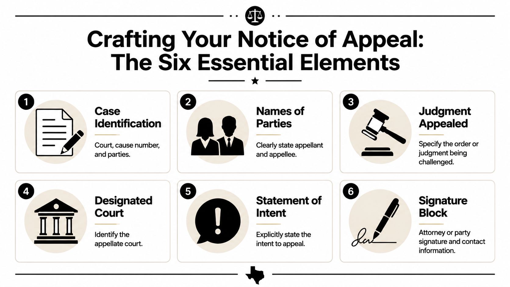 An infographic detailing the six essential elements required when crafting a legal notice of appeal.