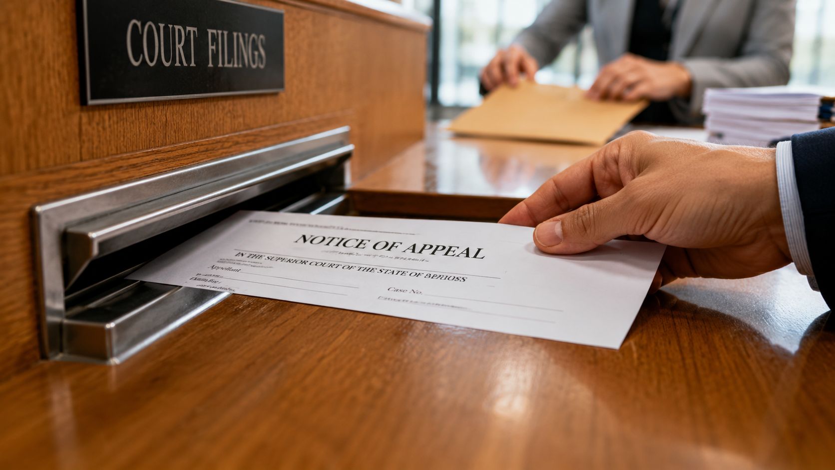 A close up view of a person sliding a Notice of Appeal document into a court filings slot.