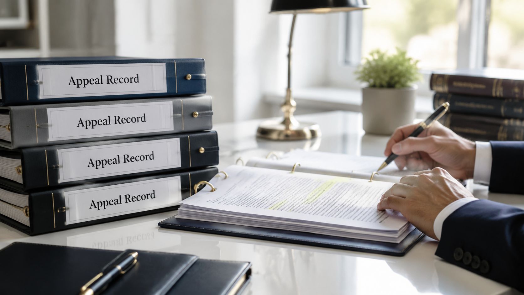 A professional lawyer reviewing documents labeled as Appeal Records while sitting at a clean office desk.