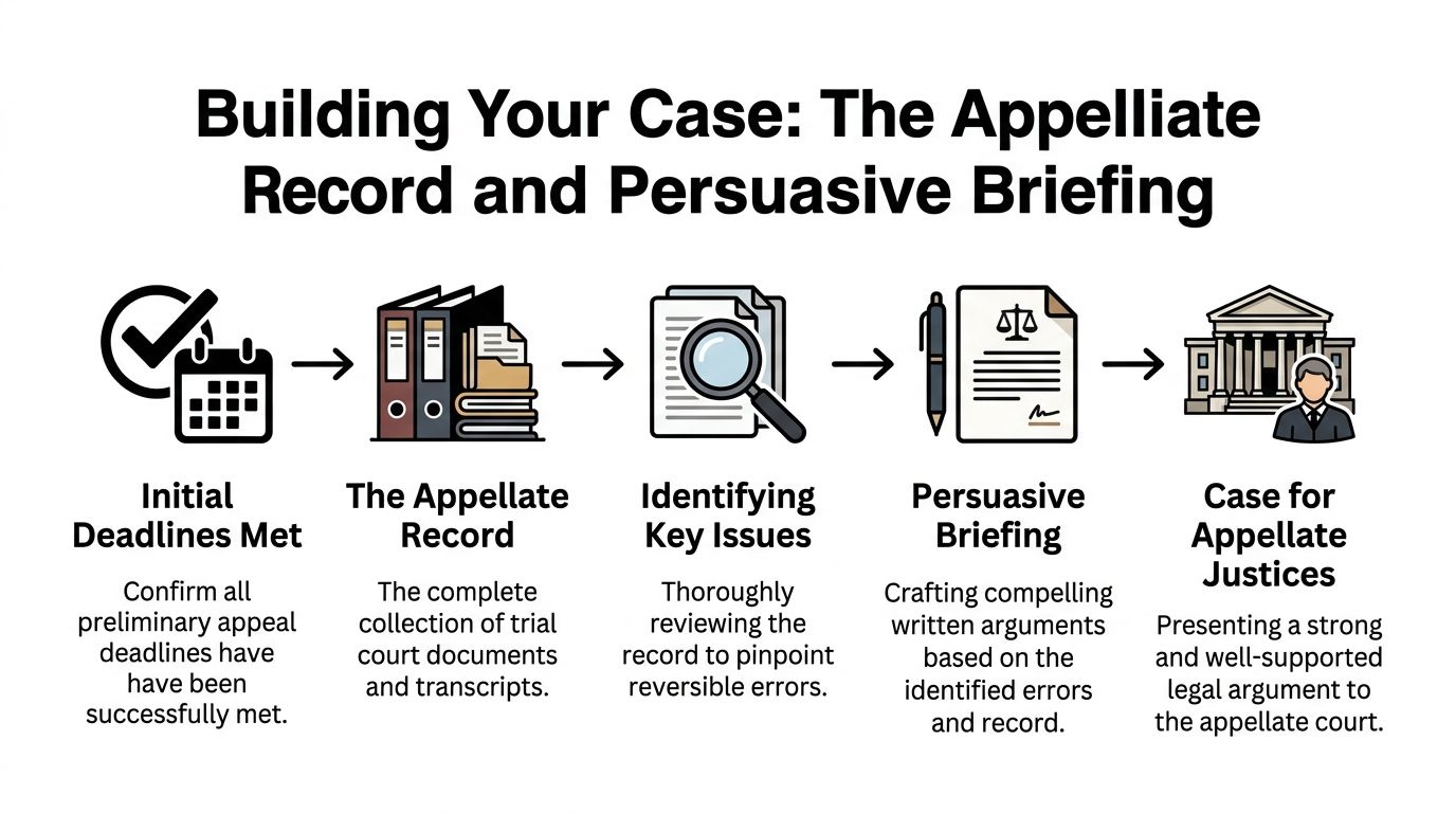A five-step flowchart outlining the process of building an appellate case from meeting deadlines to oral arguments.