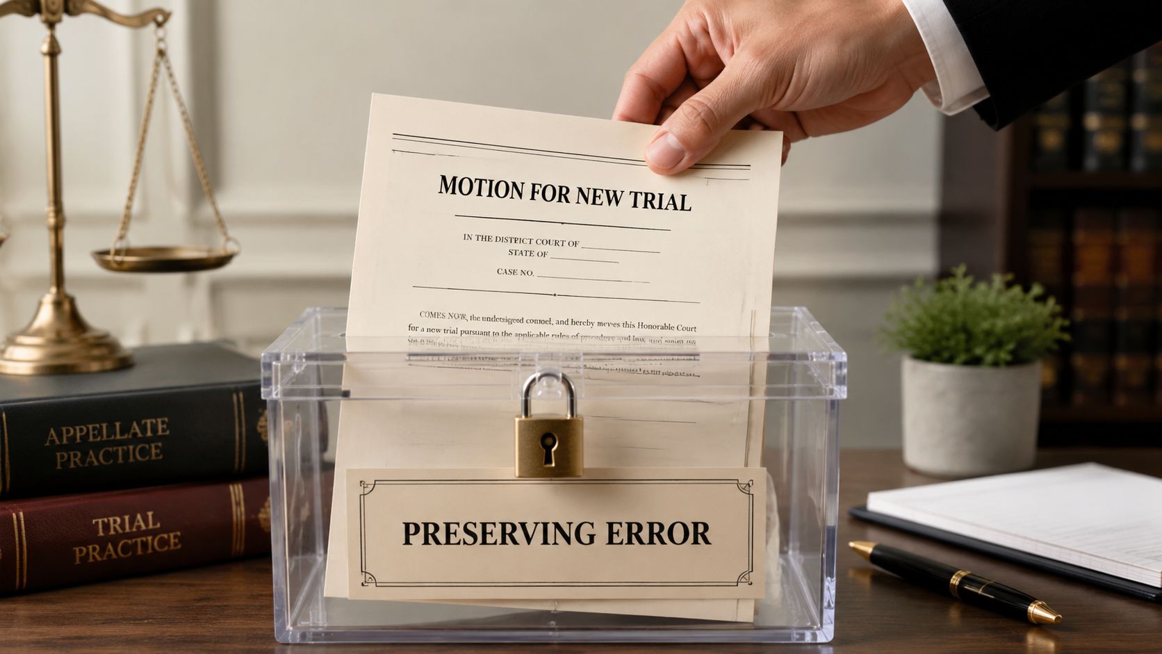 A hand placing a Motion for New Trial document into a locked clear plastic ballot box.