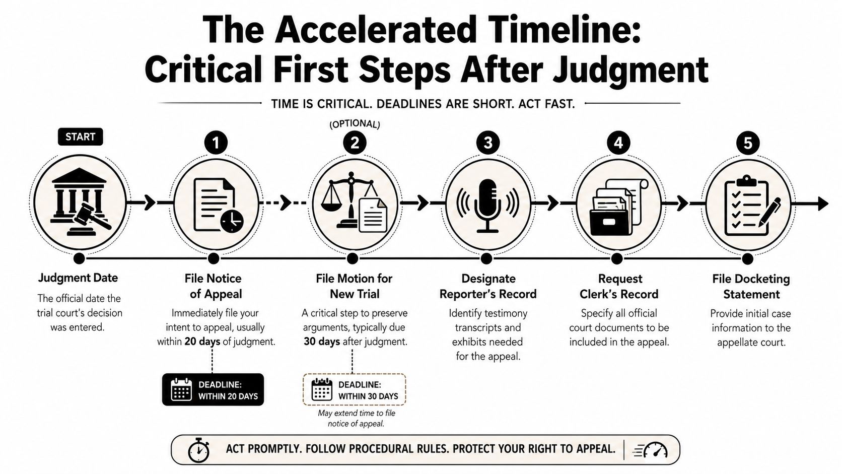 A legal flowchart outlining the critical first steps and deadlines for filing an appeal after judgment.