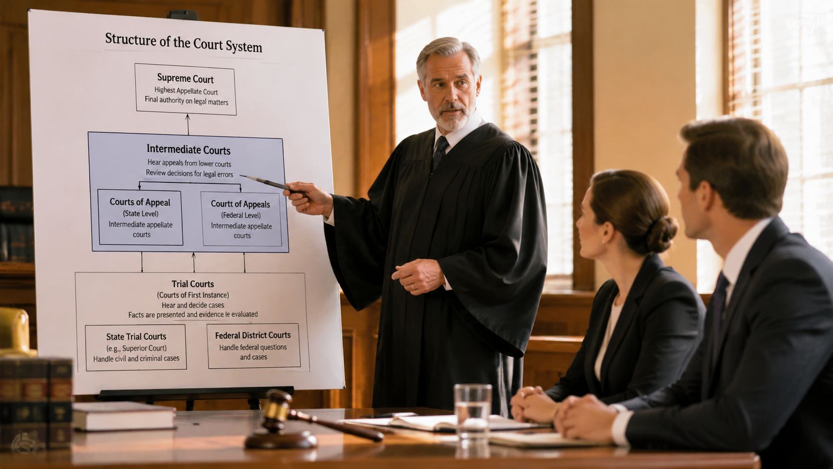 A judge in a courtroom explains the structure of the court system using a diagram on a whiteboard.