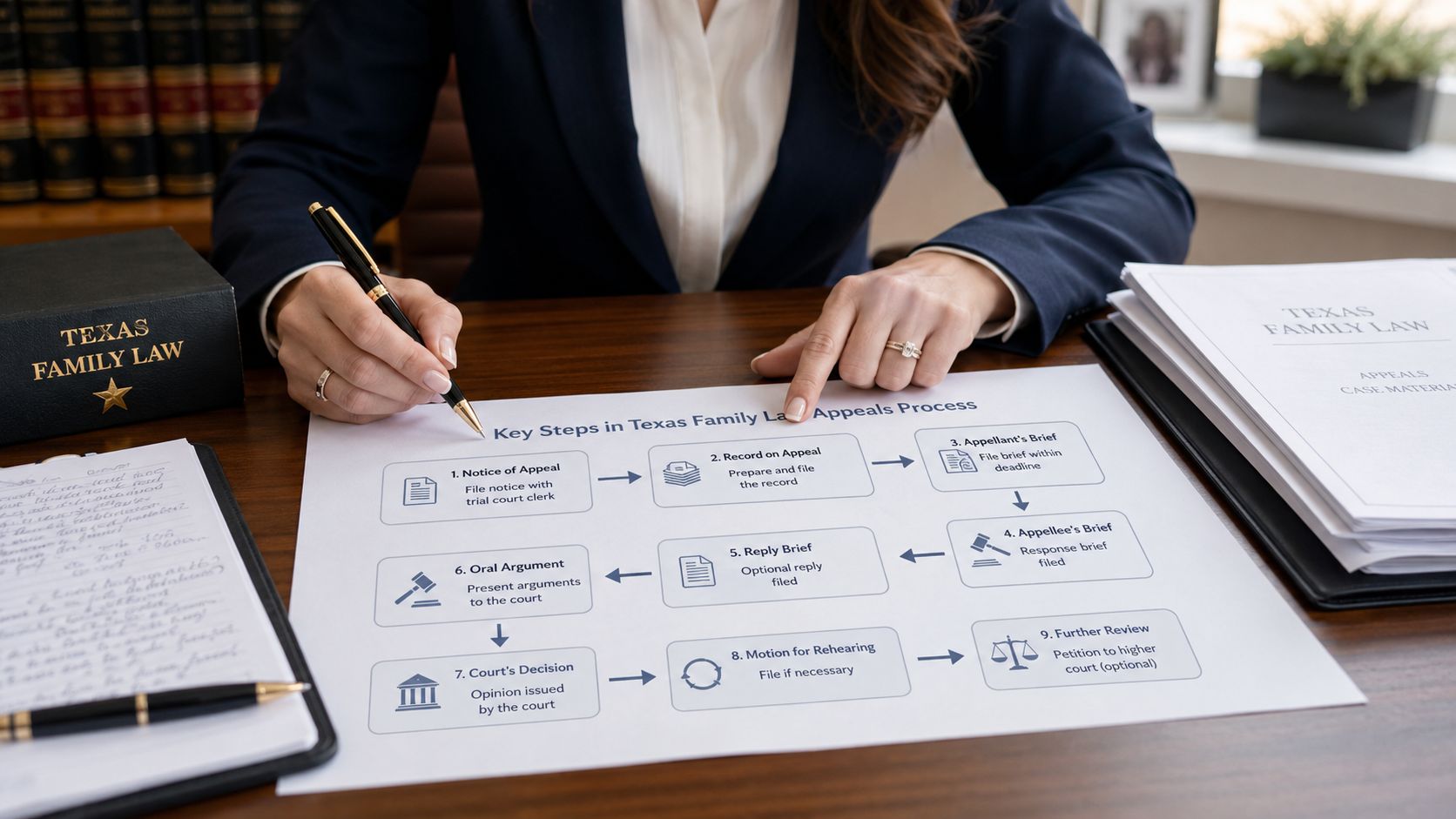 A professional lawyer reviewing a diagram outlining the key steps in the Texas family law appeals process.