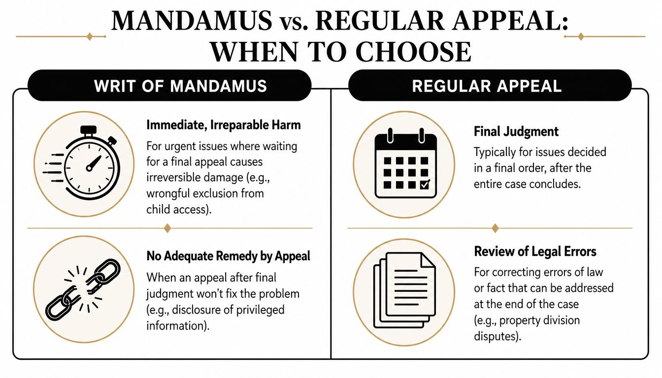 A comparison chart explaining when to choose a Writ of Mandamus versus a Regular Appeal in legal cases.