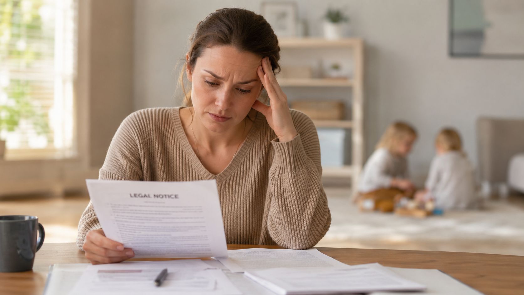 A worried woman sitting at a table reading a legal document with children playing in the background.