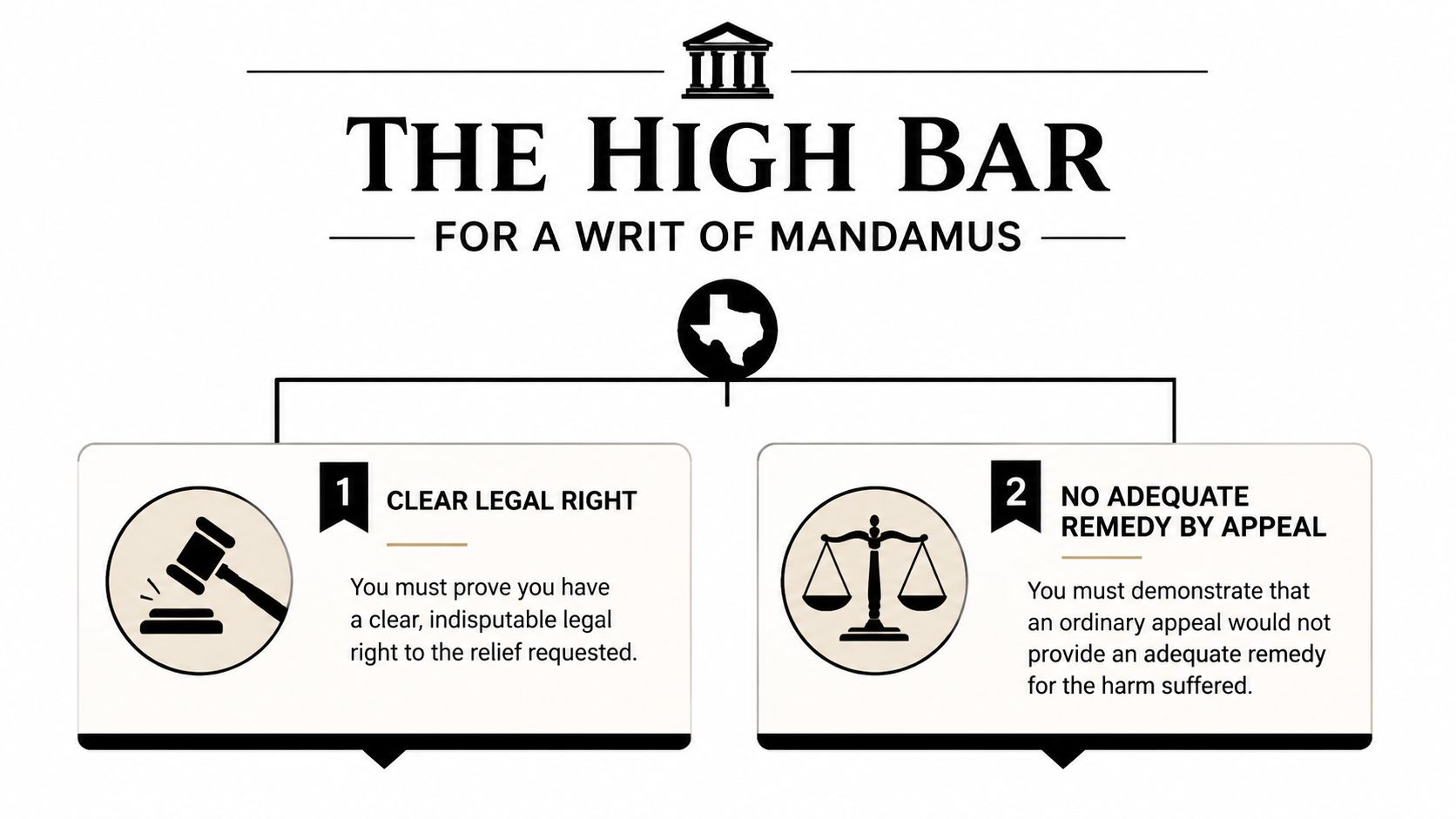 An infographic titled The High Bar for a Writ of Mandamus listing two mandatory legal requirements.