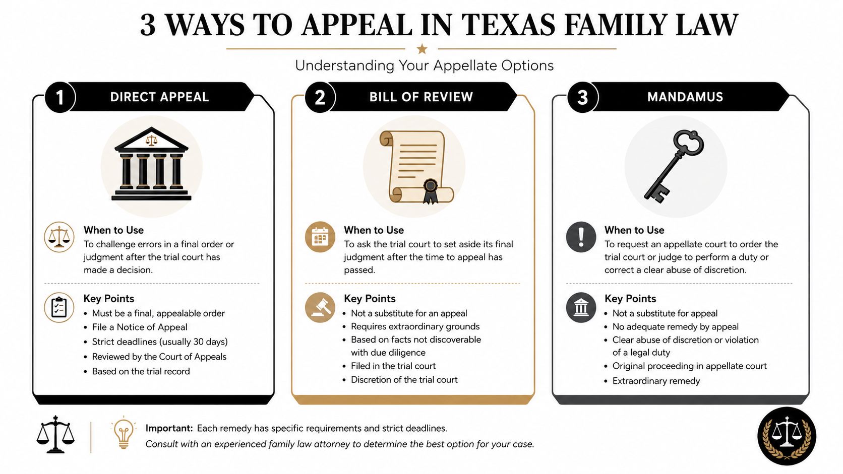 An infographic showing three legal methods for appealing family law cases in Texas: Direct Appeal, Bill of Review, and Mandamus.