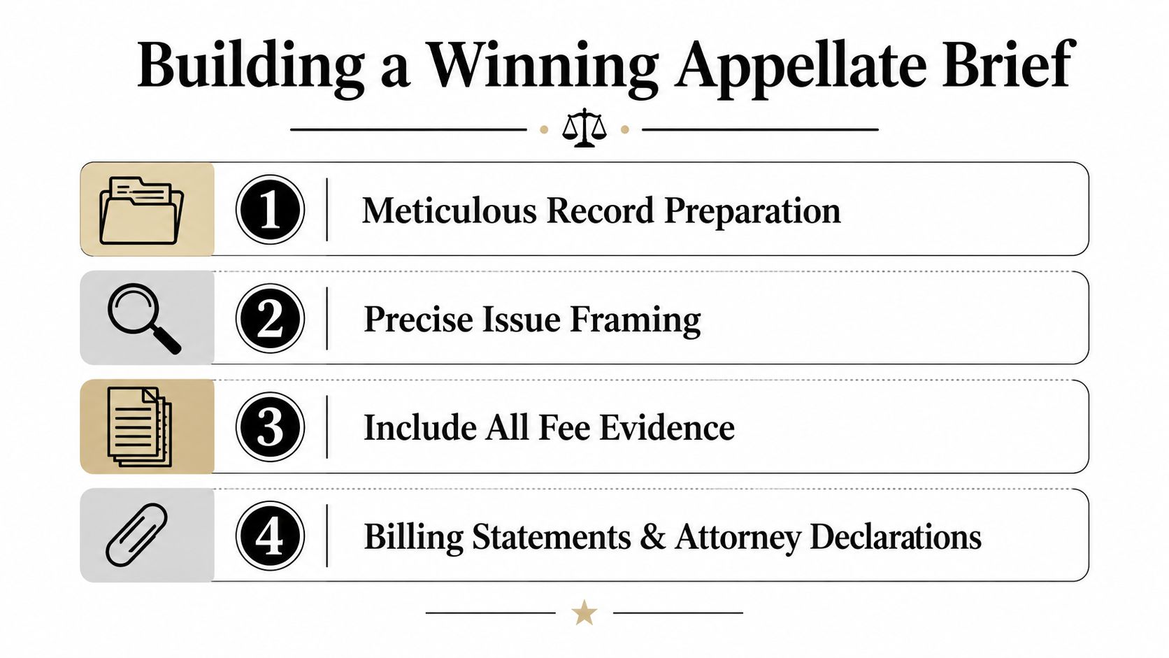 A list of four essential steps for building a winning appellate brief regarding attorney fees.
