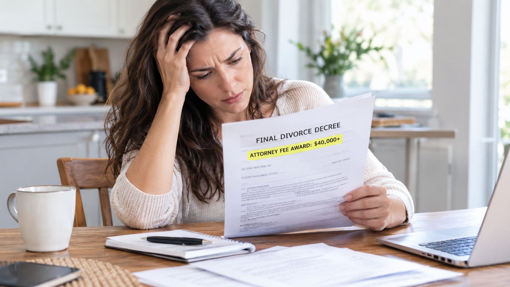 A distressed woman looking at a divorce decree document highlighting a high attorney fee award.