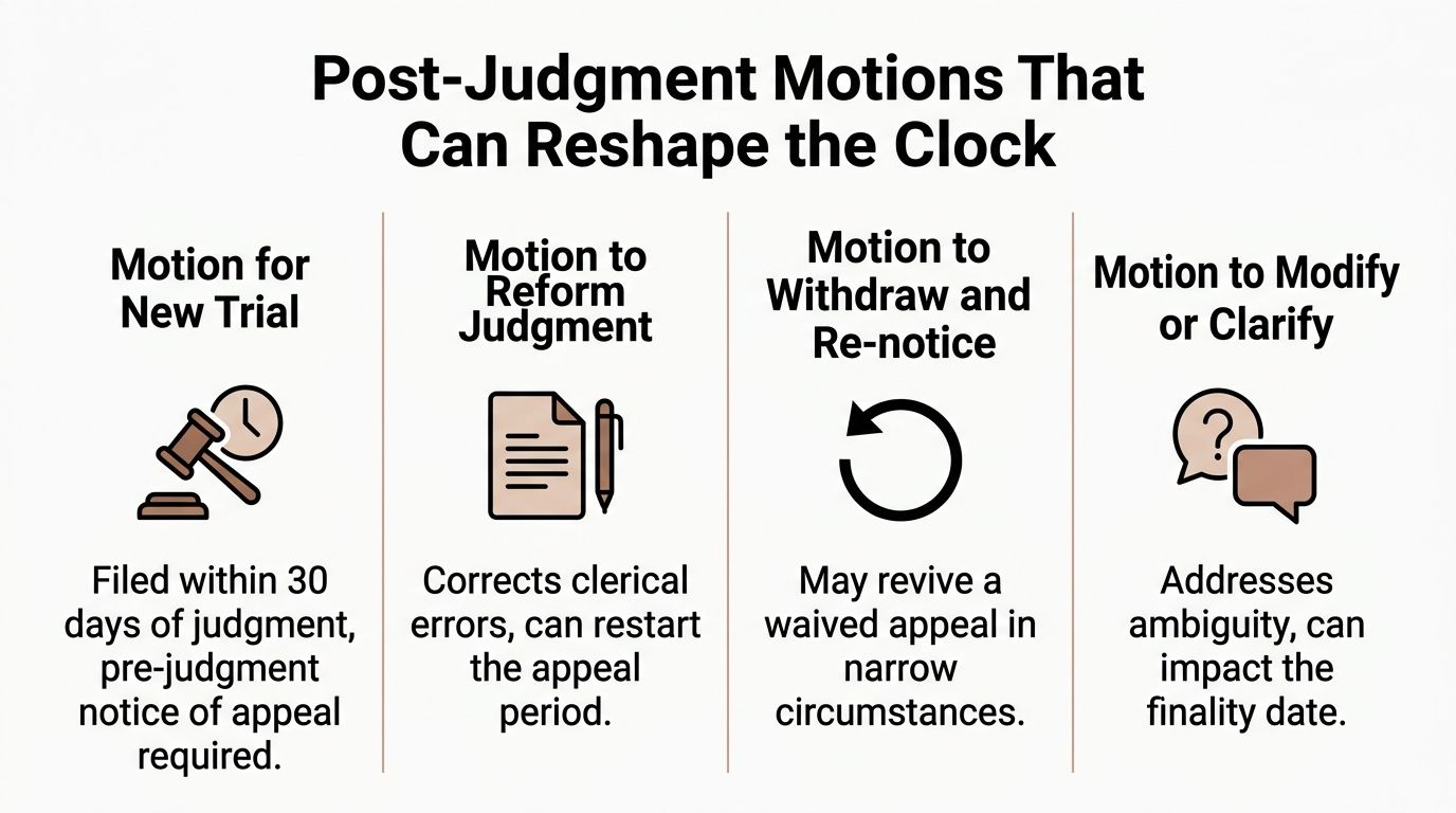 A diagram outlining four post-judgment legal motions that can affect the timeline for filing an appeal.