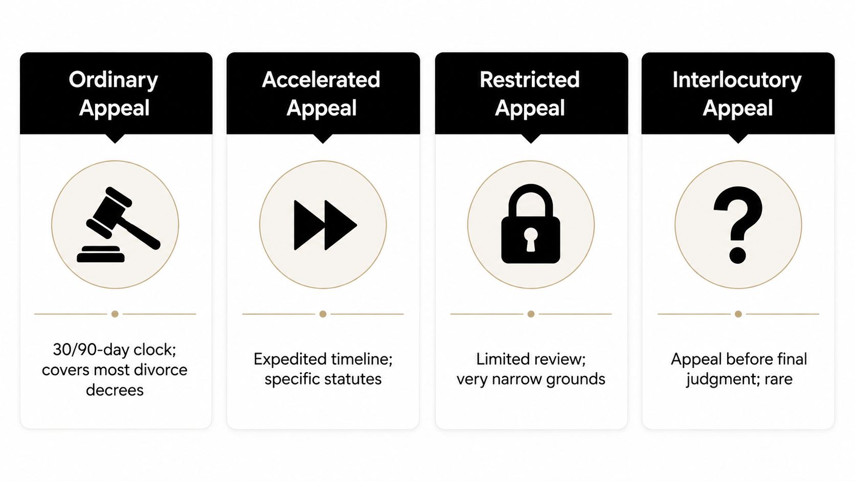 A four-column chart infographic explaining different types of legal appeals including ordinary, accelerated, restricted, and interlocutory.