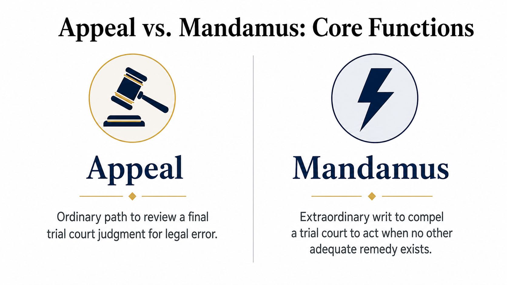 A comparison chart showing the differences between the legal processes of an appeal and a mandamus writ.