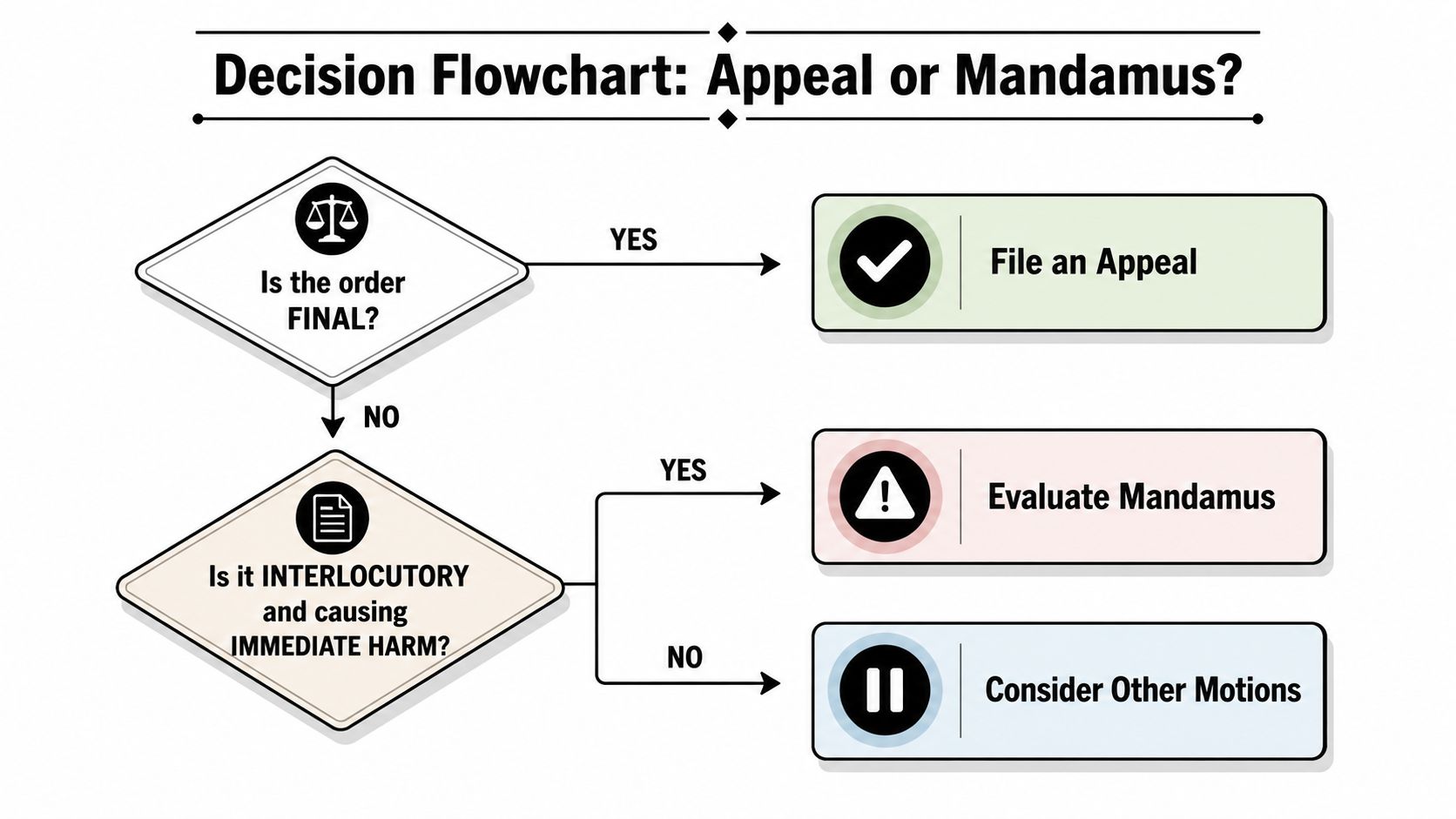 A decision flowchart illustrating when to file an appeal versus seeking a mandamus in legal proceedings.