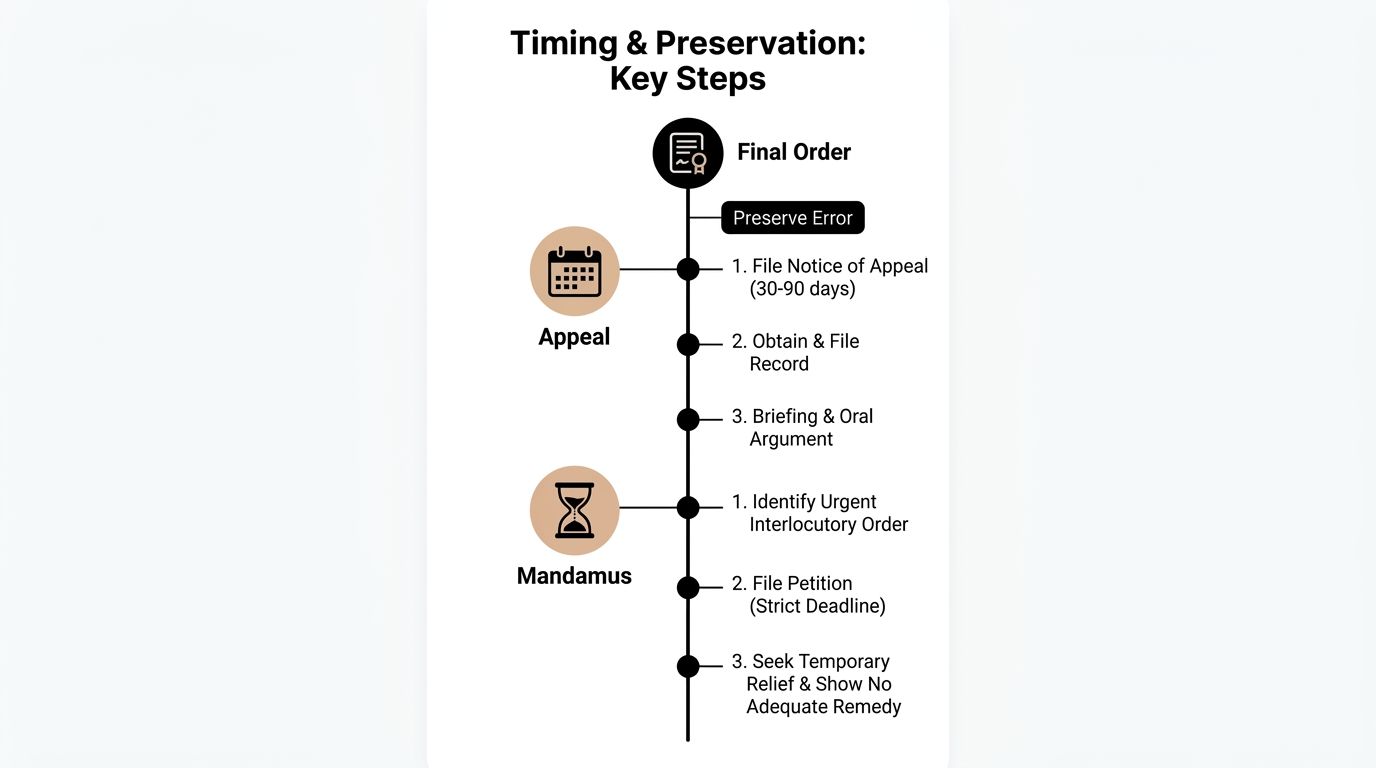 An infographic titled Timing and Preservation illustrating the key steps for legal appeals and mandamus proceedings.