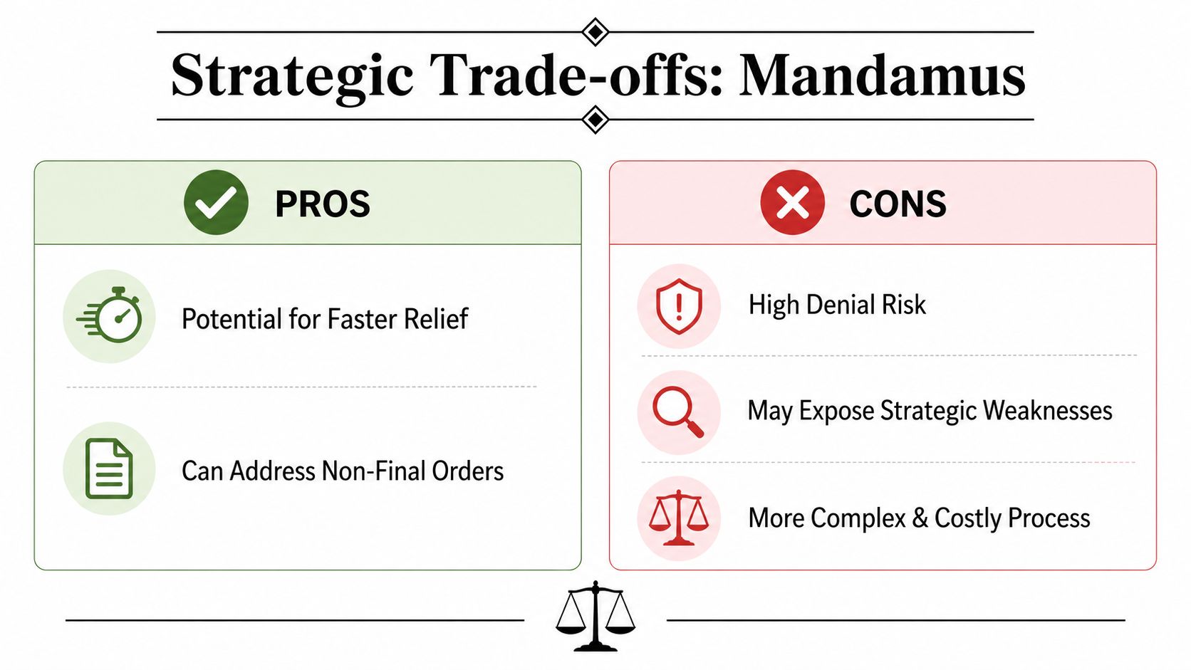 A comparison chart highlighting the pros and cons of using mandamus in legal proceedings.