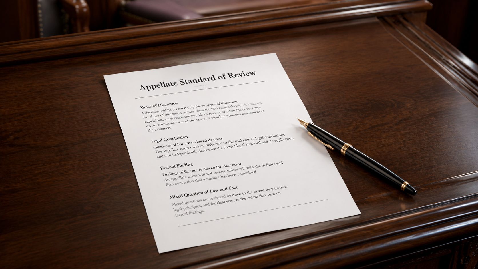 A document titled Appellate Standard of Review lying on a wooden desk next to a fountain pen.