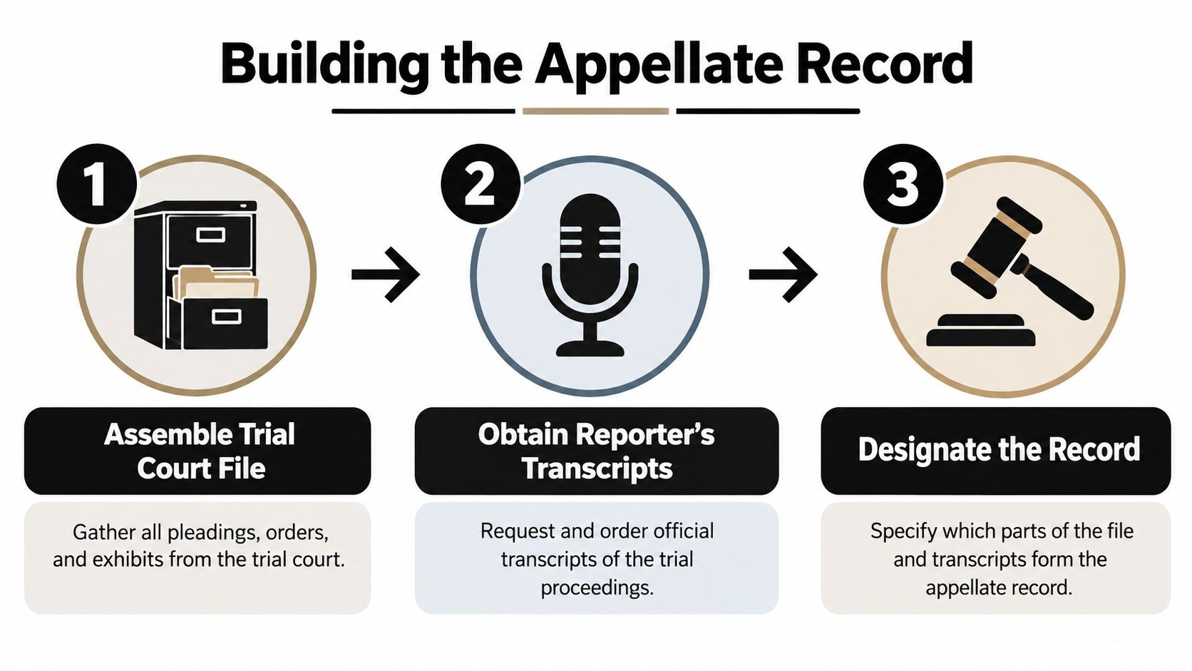 A three-step infographic showing how to build an appellate record for court appeals proceedings.