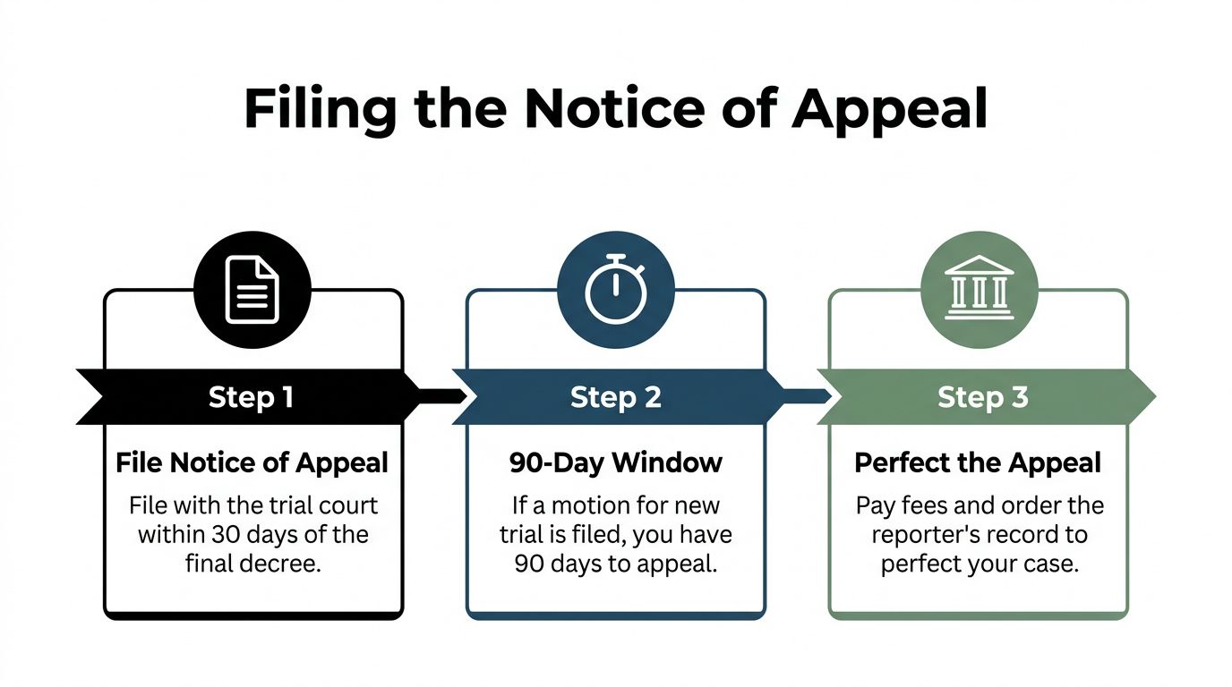 A three-step flowchart illustrating the legal process for filing a notice of appeal in court.