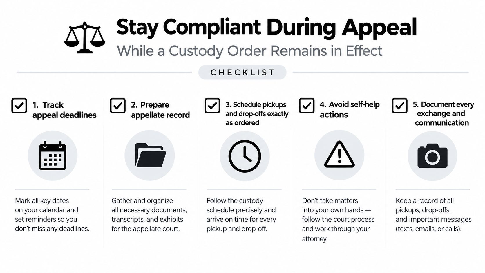 A checklist infographic titled Stay Compliant During Appeal outlining five steps for handling custody orders.
