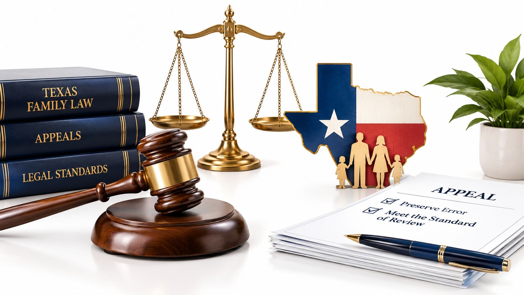 A gavel, law books, a scale of justice, and Texas legal appeal documents on a white surface.