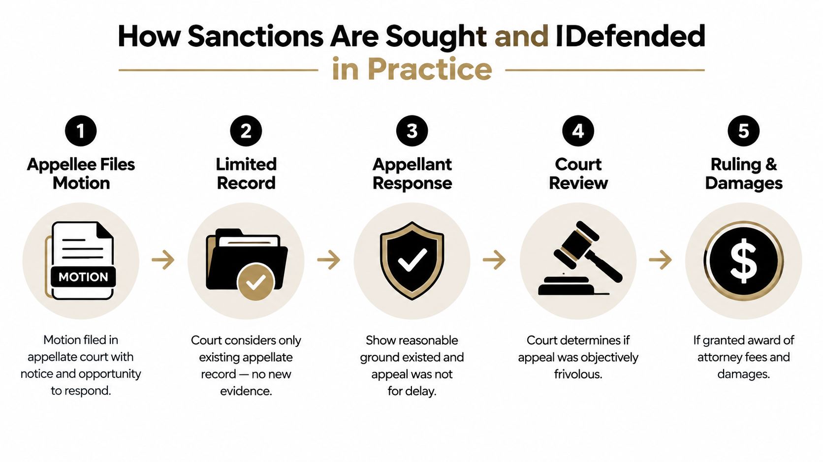 A flowchart showing the five step process for how appellate court sanctions are sought and defended.