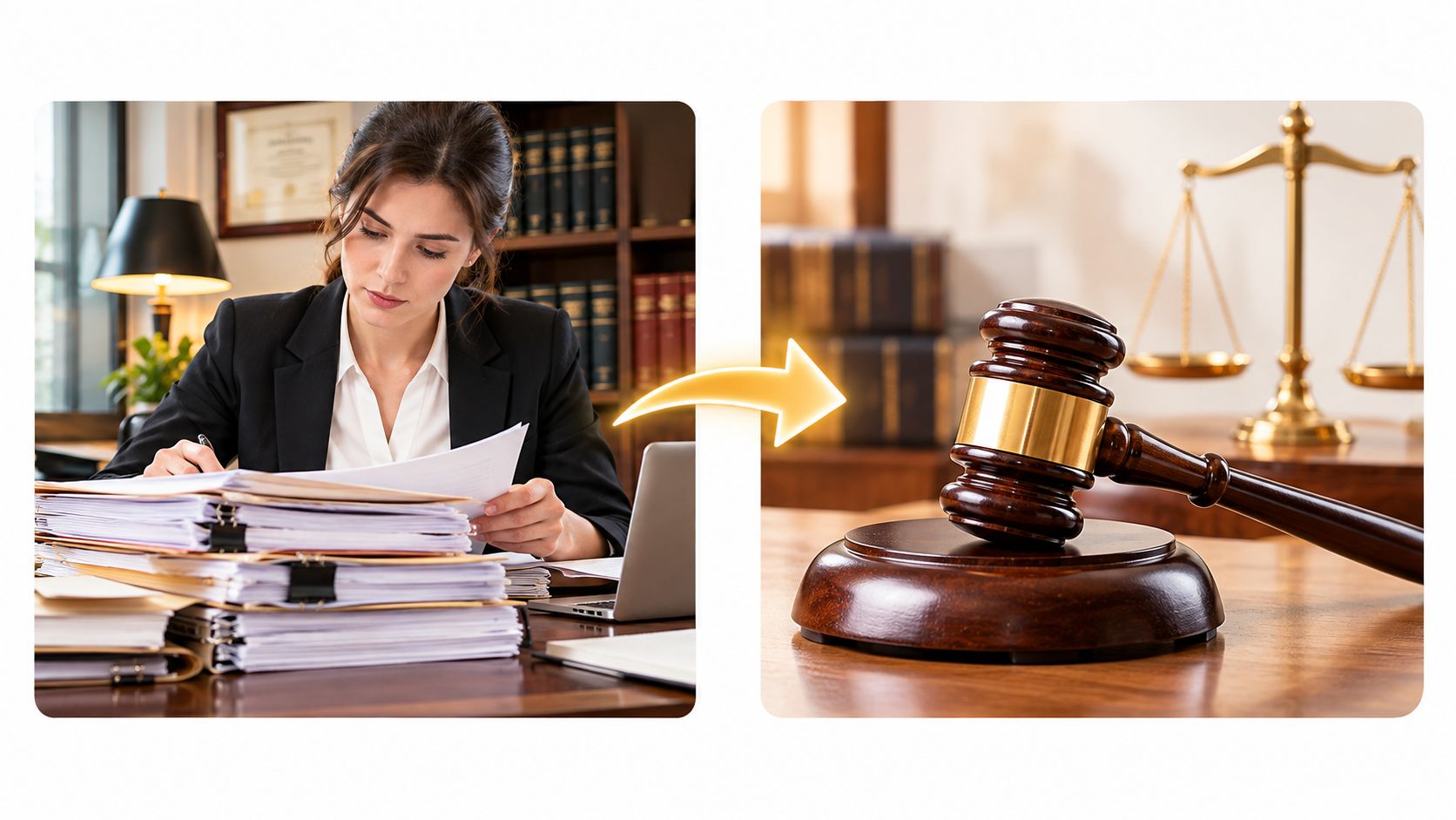 A split image showing a lawyer reviewing legal documents on the left and a judge's gavel on the right.
