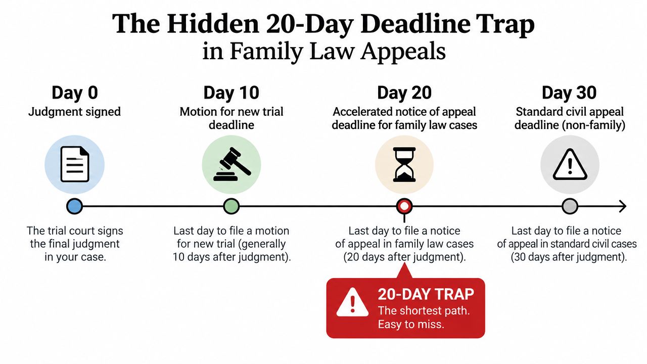 A timeline graphic illustrating the 20-day deadline trap for filing family law appeals after a court judgment.