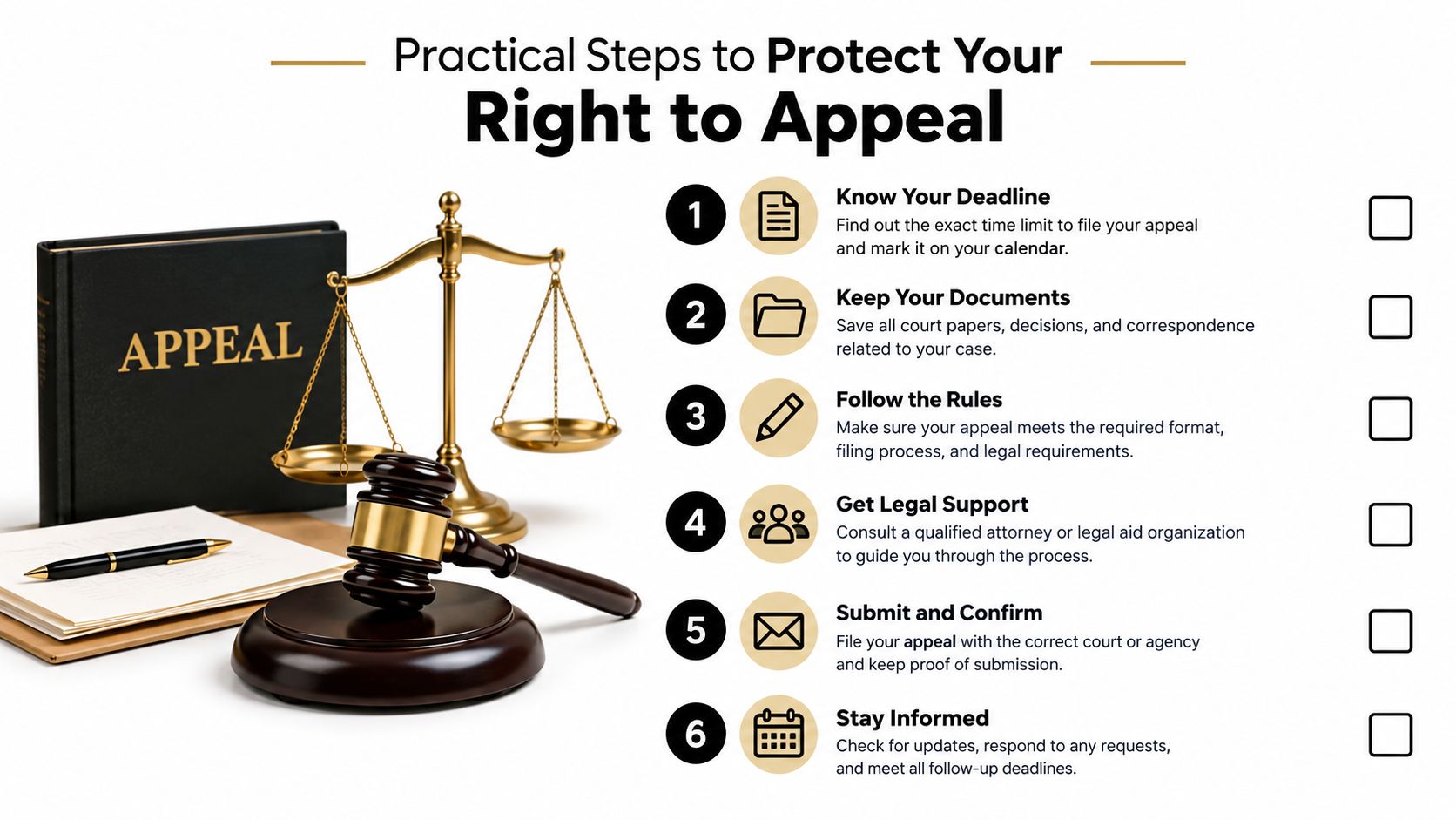 A step-by-step guide on how to protect your right to appeal, featuring legal icons and instructions.